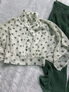 Polka Dot Mesh Top & Pleated Pants Set