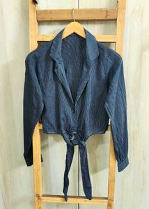 Stylish Blue Tie-Front Crop Shirt Size-32