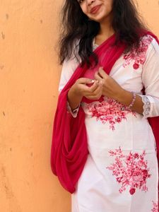 White Kurta Set with Pink Dupatta