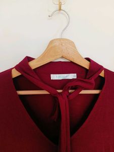 Chic Maroon Long Sleeve Tie Neck Top
