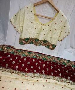 Elegant Cream &amp; Maroon Embroidered Saree