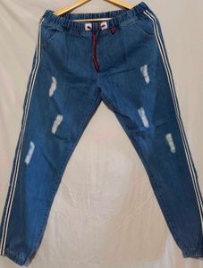 Distressed Denim Joggers with Side Stripe