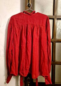 Red Zara Button-Up Blouse with Tie