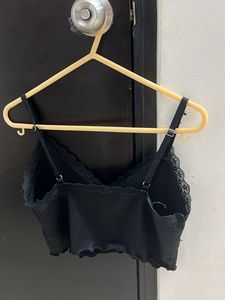 Black Ribbed Lace Trim Crop Top