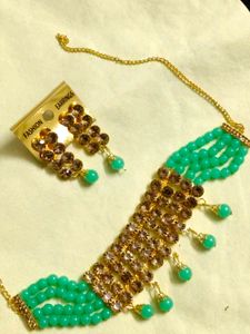 Green Beaded Choker Necklace Set