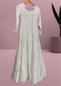 White Party Wear Anarkali Gown &amp; Dupatta