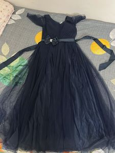 Navy Blue Tulle Gown with Bow