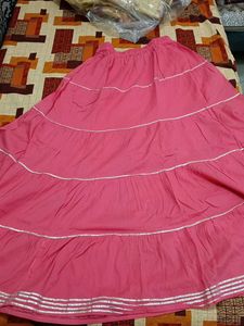 Tiered Pink Ethnic Skirt with Silver Border