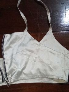 White Satin Zipper Halter Bra Top