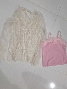 Sheer Lace Blouse &amp; Pink Feather Cami Set
