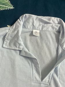Light Blue Ribbed Collared Top