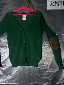 Zara Green V-Neck Cardigan with Elbow Patches