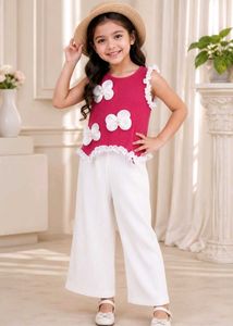 Girls Premium Ribbed Co-Ord Set | Cute Flower Appl