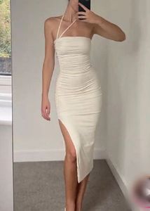 Cream Ruched Halter Neck Dress