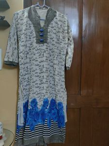 White Kurta with Blue Floral Print