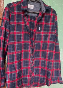 Men's Red and Navy Plaid Long Sleeve Shirt