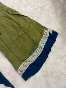 Blue Asymmetric Kurti &amp; Olive Green Sharara