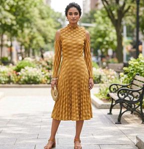 Mustard Pleated Cold Shoulder Midi Dress