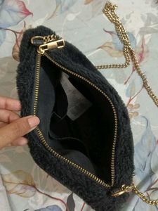 Black Faux Fur Sling Bag with Gold Chain