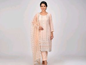 Elegant Peach Embroidered Kurta Set 3pc