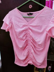 Chic Pink Ruched Eyelet Top
