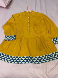Yellow Kurta with Blue Geometric Print shout kurt