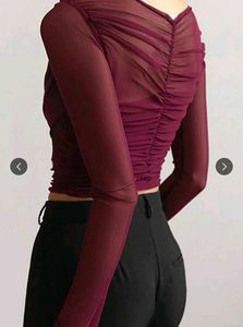 Sheer Mesh Ruched V-Neck Top