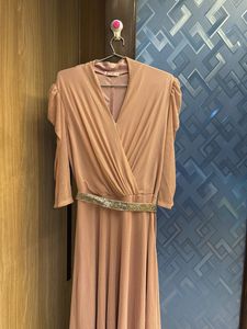 Long V-Neck Ruched Dress with Sparkle Belt