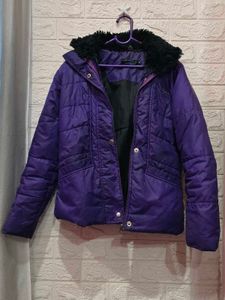 Purple Puffer Jacket with Fur Hood