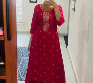 Vibrant Pink Embroidered Kurta n wide leg plazzo