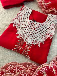 Stunning Red Kurta Set with Intricate Lace
