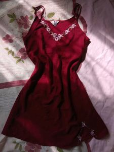 Maroon Embroidered Camisole nighty dress