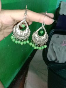Boho Green Bead Jhumka Earrings