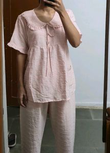 Pink Striped Ruffle Collar Kurta pyjama set