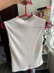White Ribbed Sleeveless Mock Neck Top