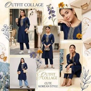 Navy Blue Kurti Set with Golden Embroidery