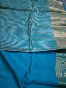 Blue Striped Silk Saree with Gold Border