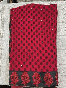 Red & Black Printed Saree with Floral Border