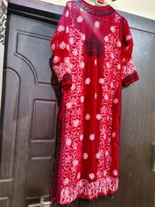 Chikankari Red Kurti With White Threadwork
