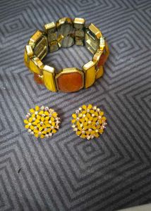 Gold Tone Yellow & Orange Bracelet & Earrings Set