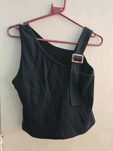 Black Ribbed Tank Top with Buckle Detail