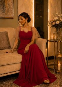 Elegant Red Maxi Dress with Sheer Sleeves