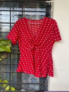Chic Red Polka Dot Tie-Front Blouse
