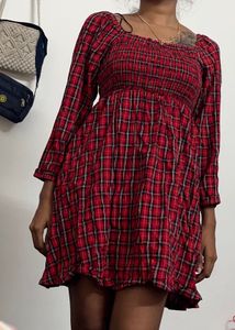 Red Plaid Smocked Square Neck Dress