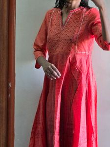 Elegant Coral Kurta with Intricate Print