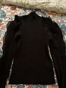 Chic Black Ribbed Mock Neck Top with Ruffle Sleeve
