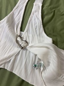 White Halter Neck Pleated Crop Top