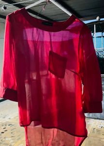 Sheer Maroonish Red Button Pocket Blouse