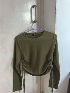 Olive Green Ruched Long Sleeve Top