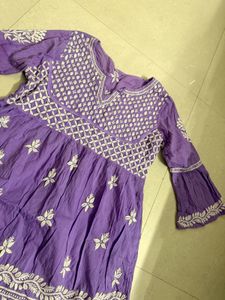Purple Embroidered Flared Kurti